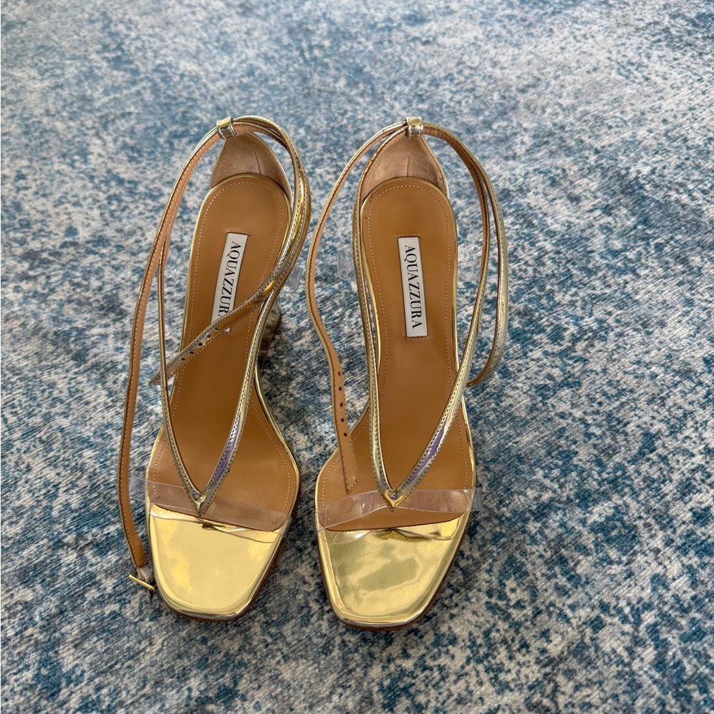 Aquazzura Illusions Goldtone Wedge Sandals 
Size 38 1/2
Like new condition